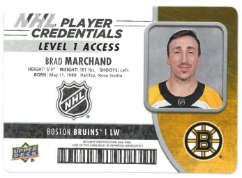 2018-19 UD MVP NHL Player Credentials Level 1 Access Brad Marchand č. NHL-BM