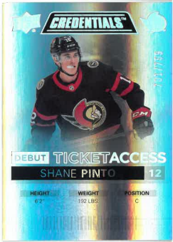 2021-22 UD Credentials Debut Ticket Access Shane Pinto /799 č. 112