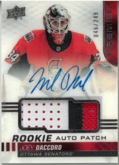 2019-20 UD Premier Rookie Auto Patch Joey Daccord /249 č. AR-JD