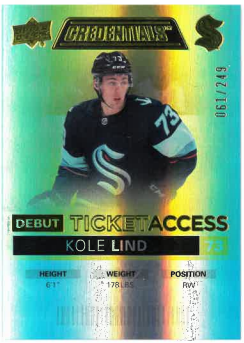 2021-22 UD Credentials Debut Tickett Acces Kole Lind /249 č. 108